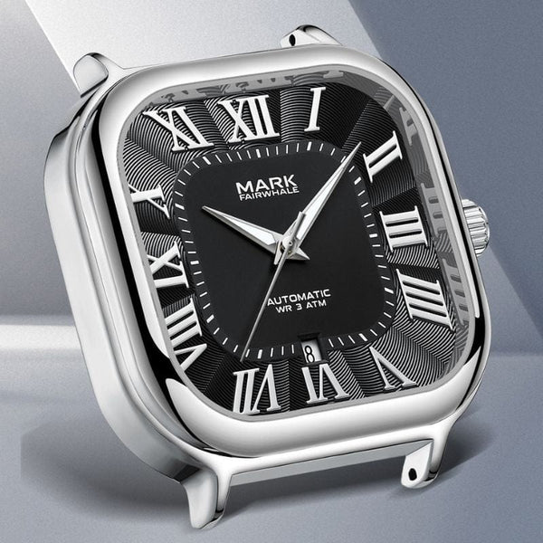 cadran de la montre carrée luxe lbdh argent et noir sur fond gris