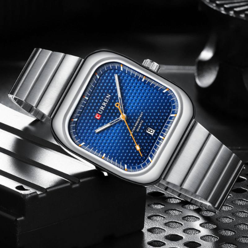 Montre Quartz Carré argent et bleu