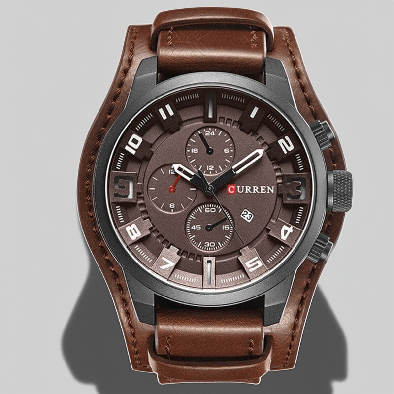 Montre en cuir chronographe marron fond gris