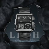Montre carrée militaire en acier LBDH noir avec bracelet en mailles noir sur présentoir noir