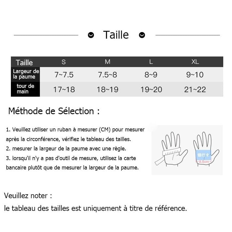 Guide des tailles pour les gants tactiles thermiques chauffants pour l'hiver pour homme